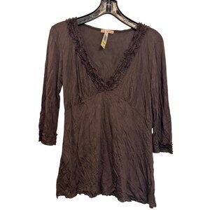 Cha Cha Vente Brown 3/4 Sleeve Ruffled Trim V-Neck Tunic Top Medium Womens New